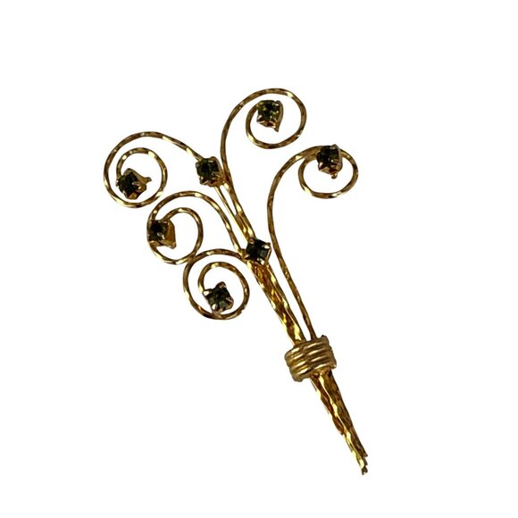 Vintage Gold Wire Swirl Brooch Green Rhinestones Floral Mid-Century Pin 2.5” - Picture 1 of 6